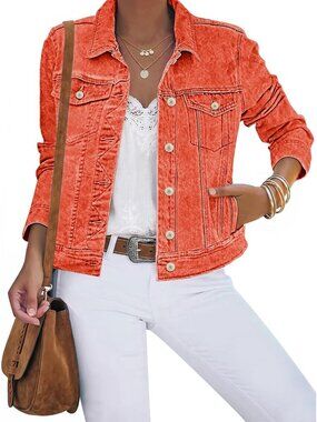 Women's Orange Cotton Button Down Stretch Fitted Long Sleeve Jean Jacket
